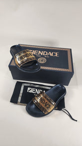 Fendace Black Pool Slides with Gold Metal Mesh - 1586