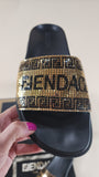 Fendace Black Pool Slides with Gold Metal Mesh - 1586