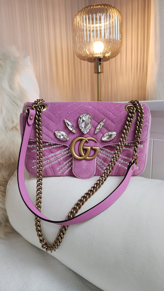 Gucci Marmont Pink Velor w/ Gold Tone Chain Shoulder Bag - 2880