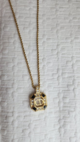Dior Gold Toned Necklace w/ Black Enamel & Rhinestone CD Pendant - 2837