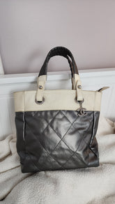 Chanel Biarritz Metallic Leather & Beige Canvas Tote Bag - G0132