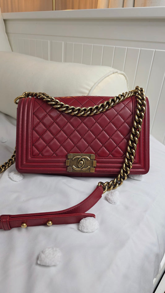 Chanel Boy Medium Red Leather Chain Shoulder Bag - 3212