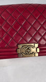 Chanel Boy Medium Red Leather Chain Shoulder Bag - 3212