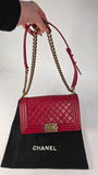 Chanel Boy Medium Red Leather Chain Shoulder Bag - 3212
