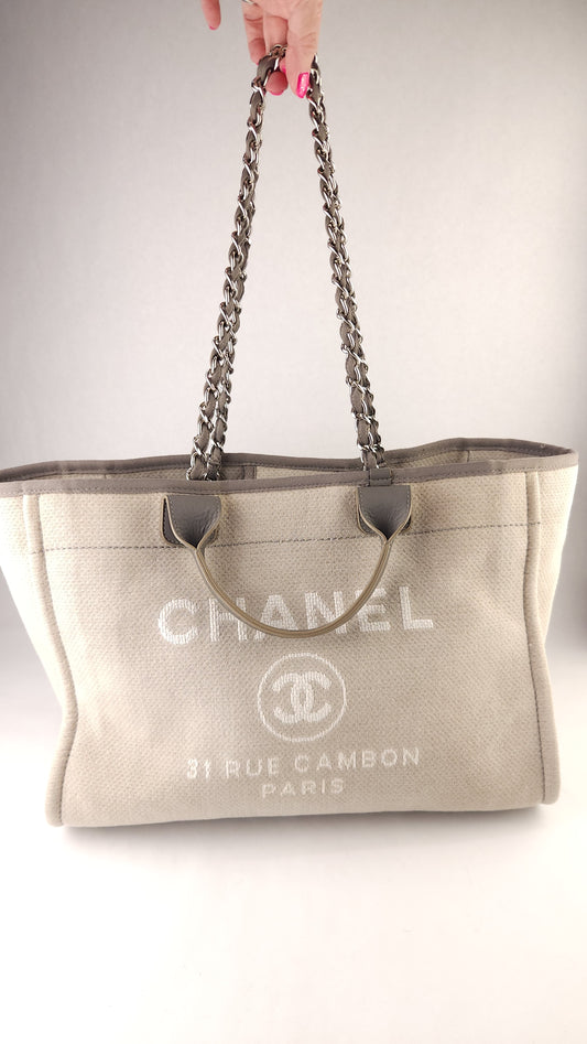 Chanel Beige/Grey Deauville Canvas Tote - G0537