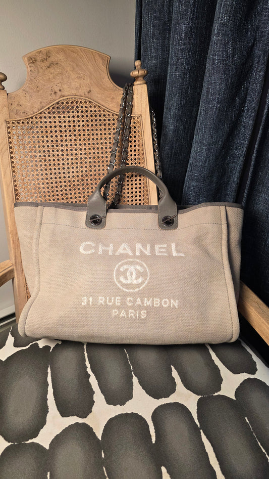 Chanel Beige/Grey Deauville Canvas Tote - G0537