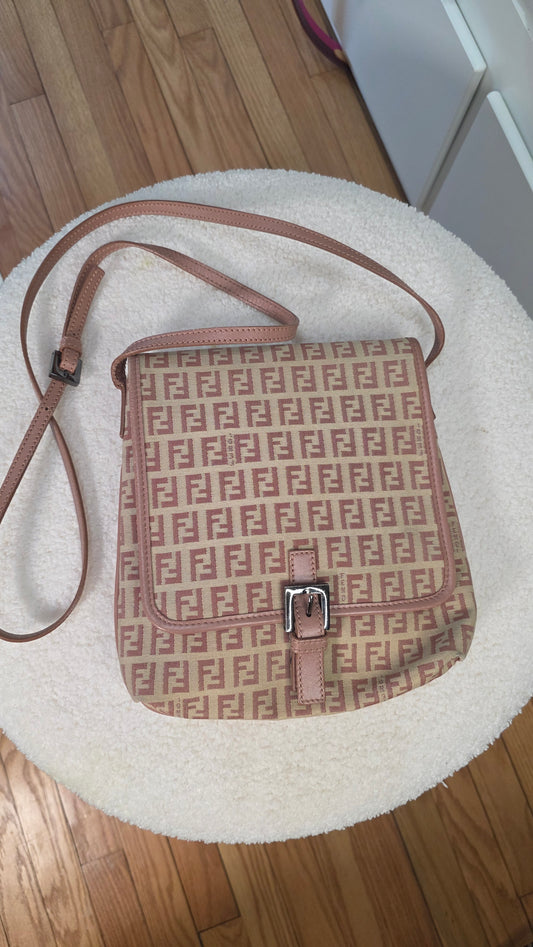 Fendi Zucchino Beige/Pink Canvas Shoulder Bag - 3600