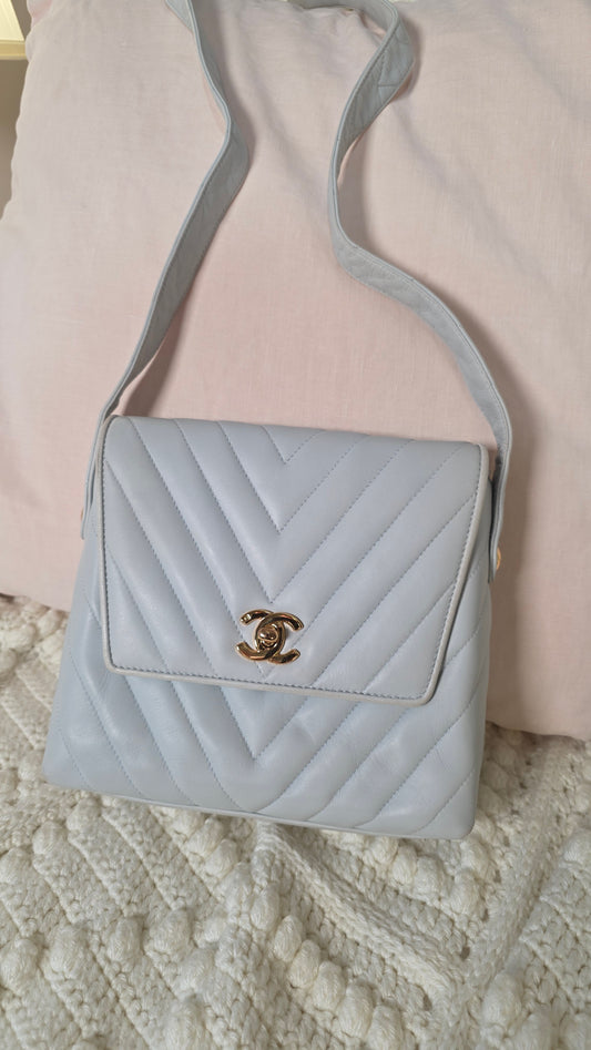 Chanel Light Blue Lamb Skin V Stitch Shoulder Bag - 3448
