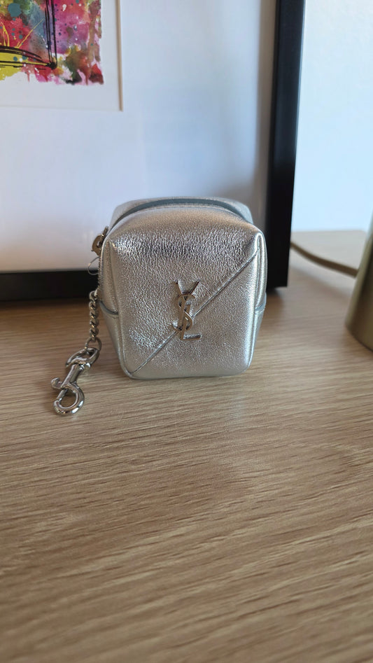 YSL Silver Leather Jaime Cube Charm Pouch - G0719