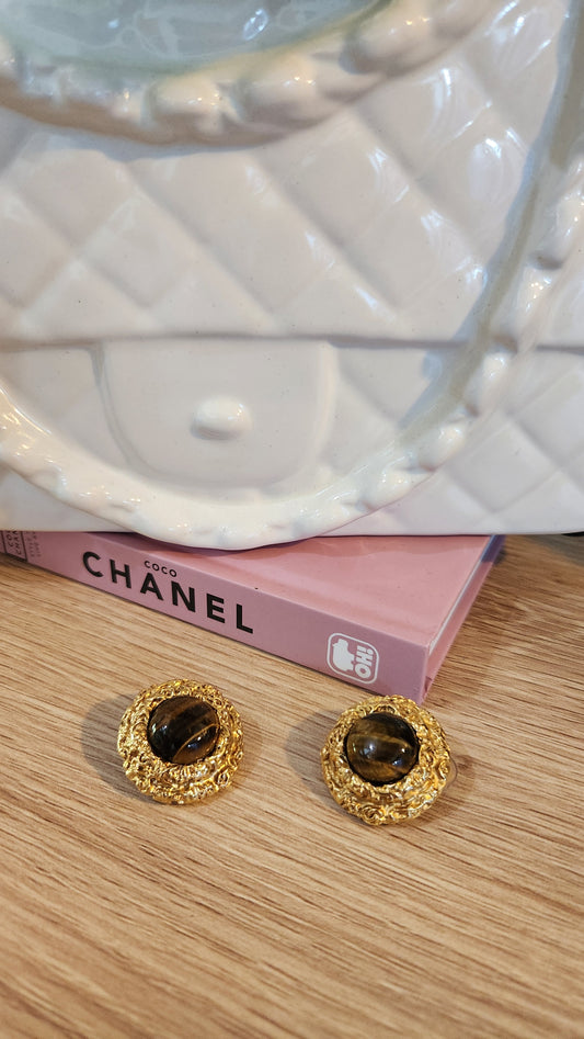 Chanel Gold Tone Tiger Eye Clip-on Earrings - G0752