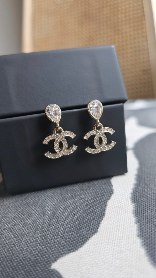 Chanel CC Gold Tone Rhinestone Pierced Earrings - 3812