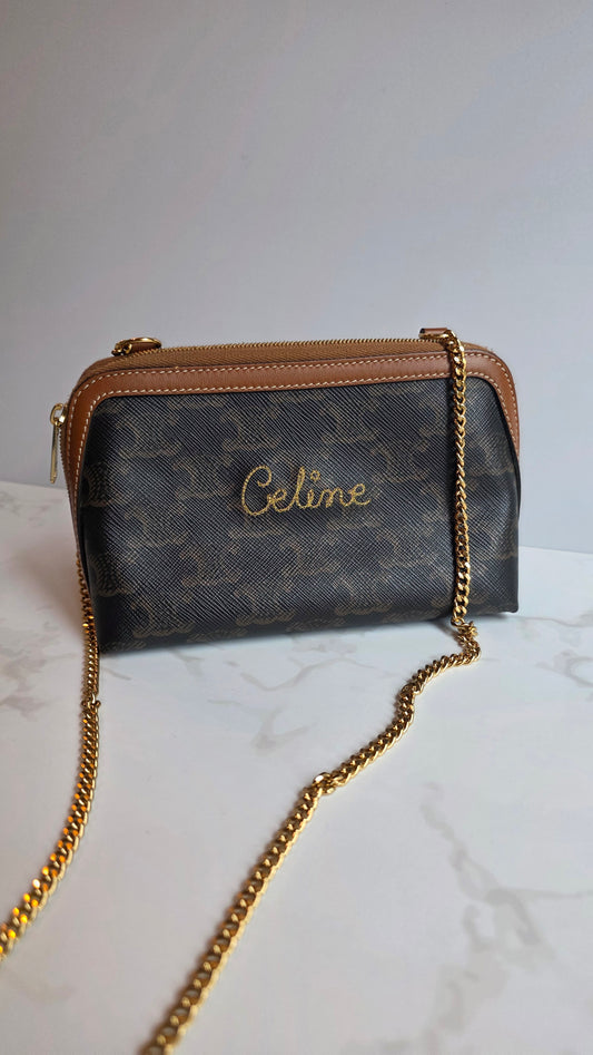 Celine Black Triomphe Zip Around Chain Clutch - R0003