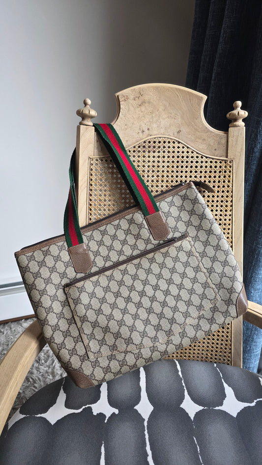 Gucci GG Supreme Web Sherry Line Beige Tote Bag - 3809