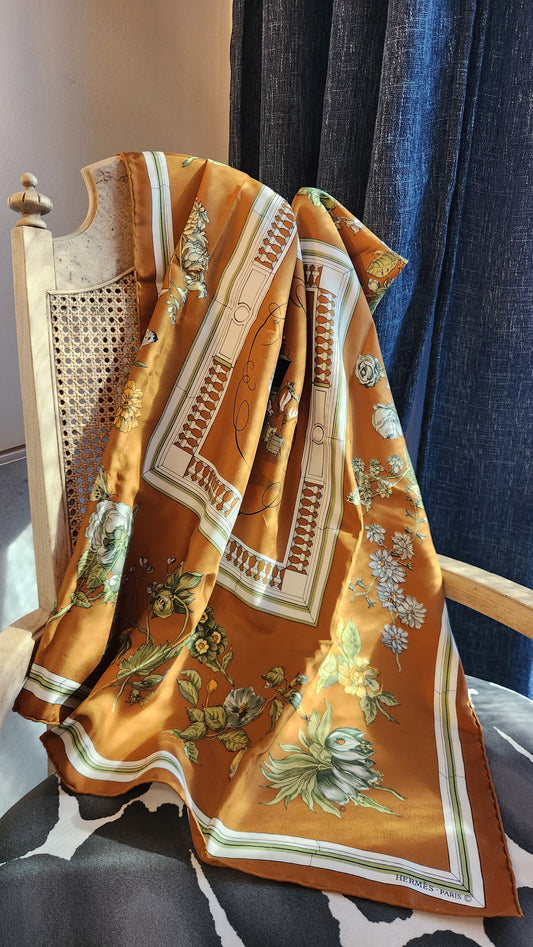 Hermes Carre 90 "Quai Aux Fleurs" Brown Silk Scarf - 3801