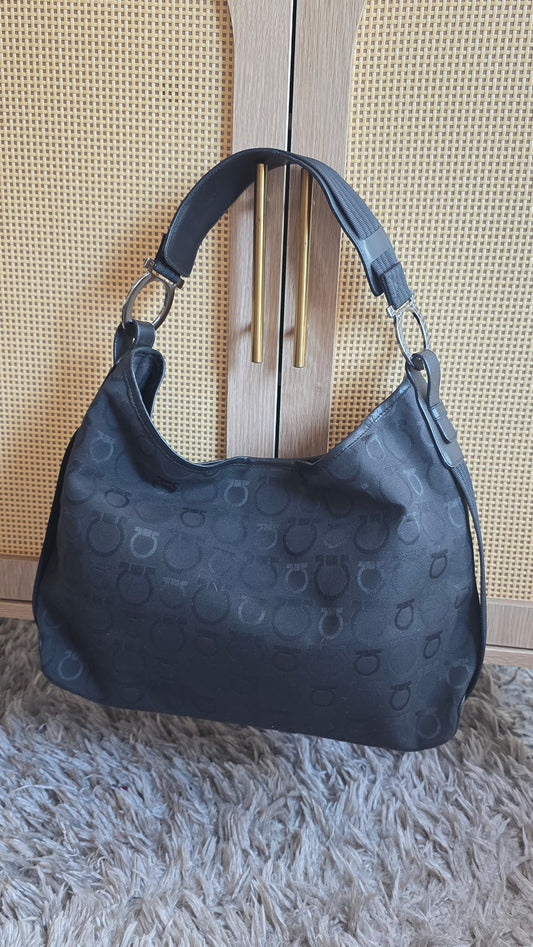 Salvatore Ferragamo Black Gancini Canvas Shoulder Bag - 3931