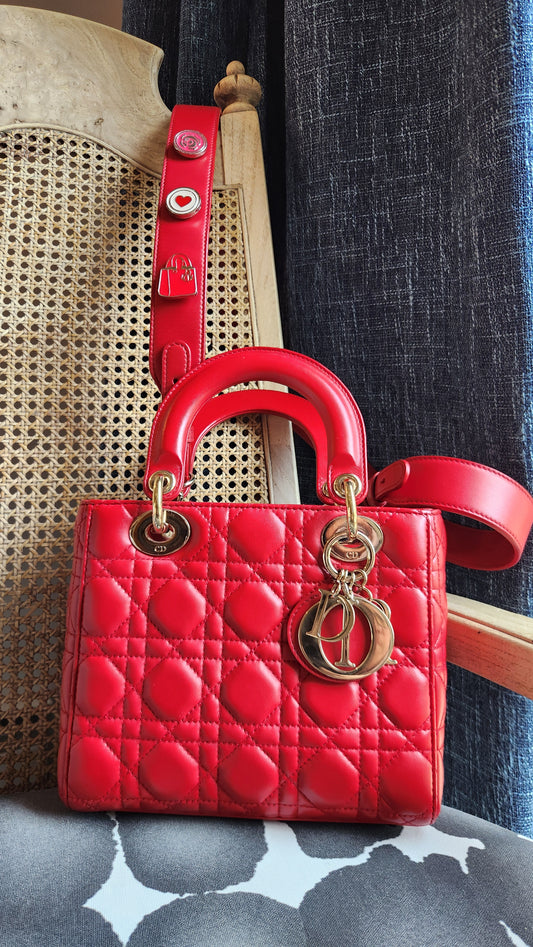 Christian Dior Red Leather Small Lady Dior 2way Bag - G1000