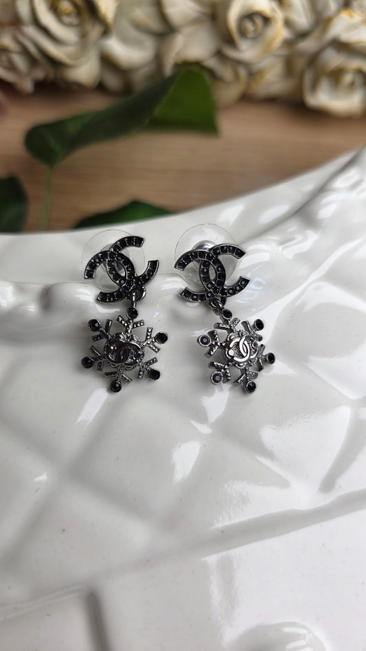 Chanel Black Rhinestone CC & Snowflake Pierced Earrings - G0308