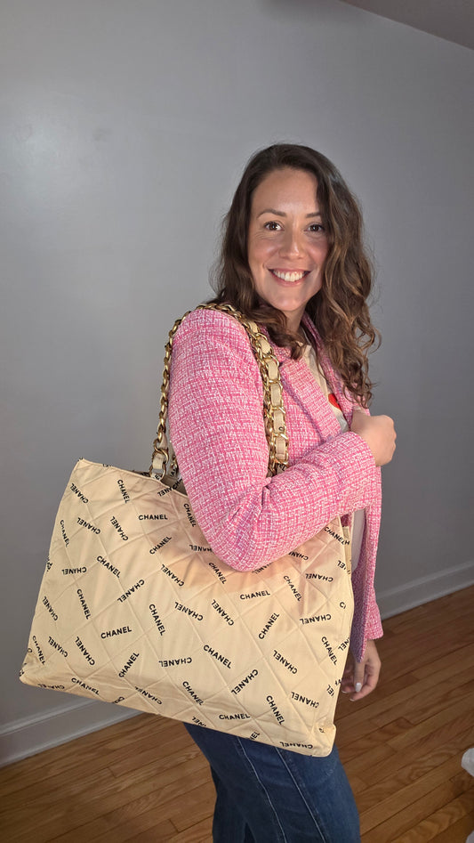 Chanel Beige Canvas 'Chanel' Double Chain Tote - G0371