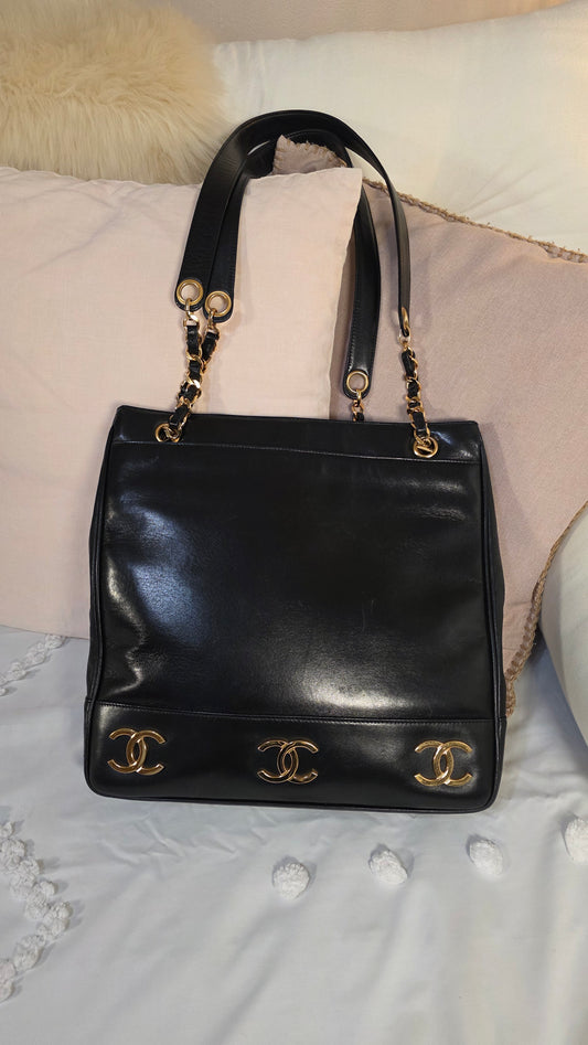 Chanel Black Leather with Gold CC Tote - G0271