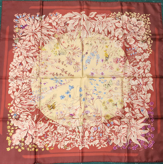 Hermes Scarf Stole La Prairie Red Bordeaux Floral Silk