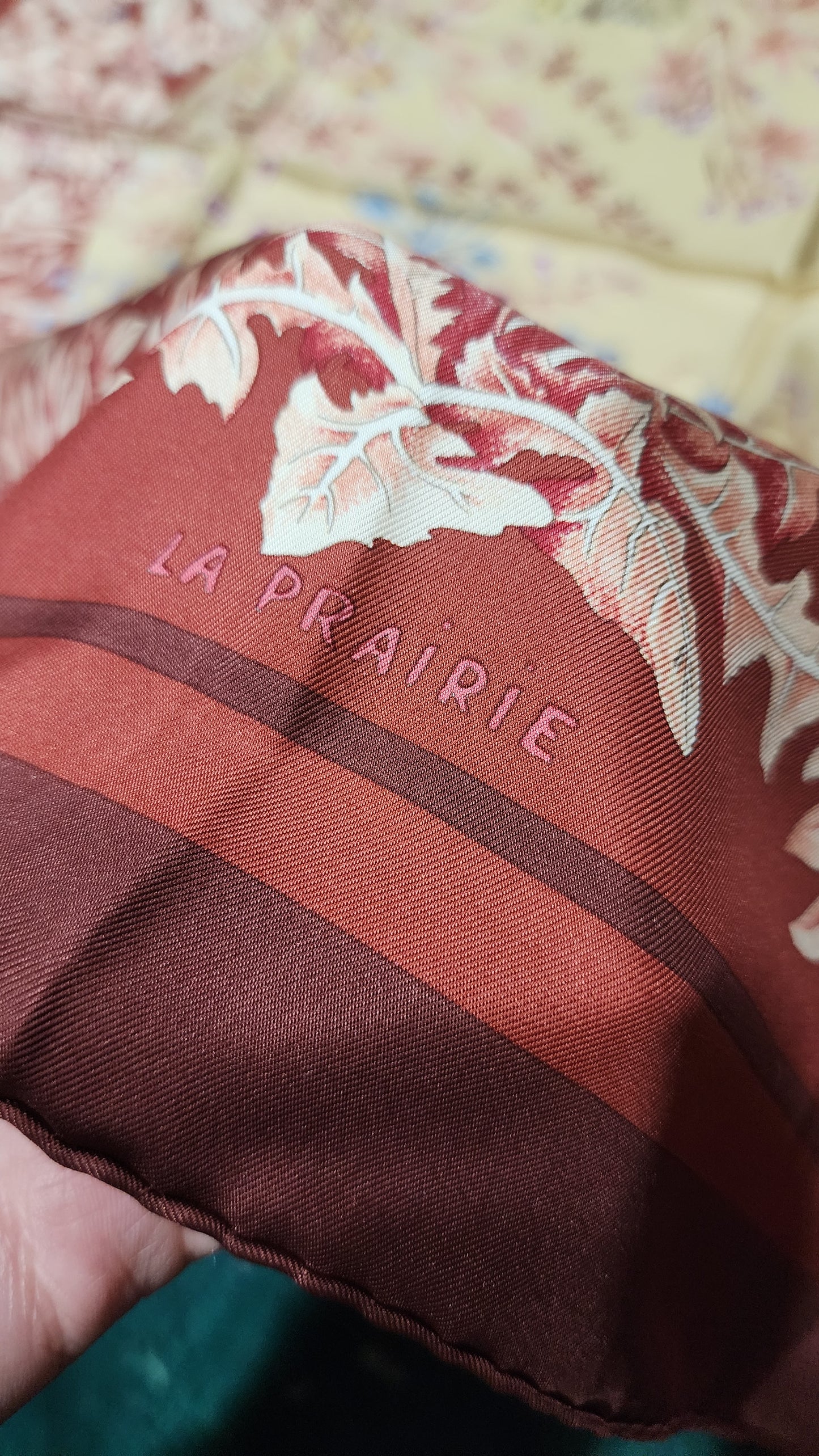 Hermes Scarf Stole La Prairie Red Bordeaux Floral Silk