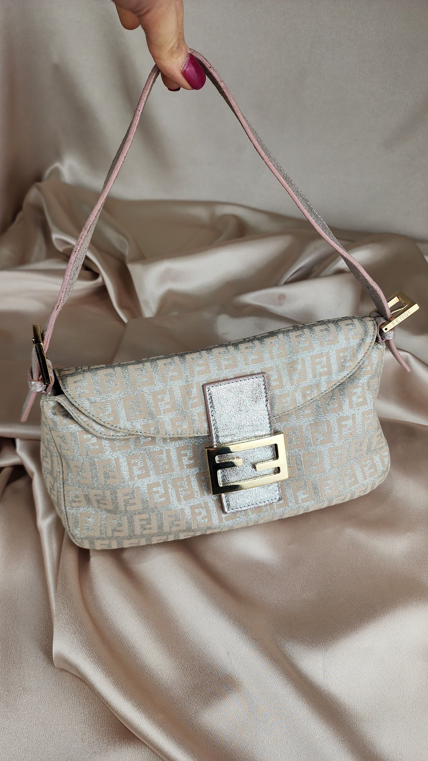 Fendi Zucchino Print Silver and Pink Baguette