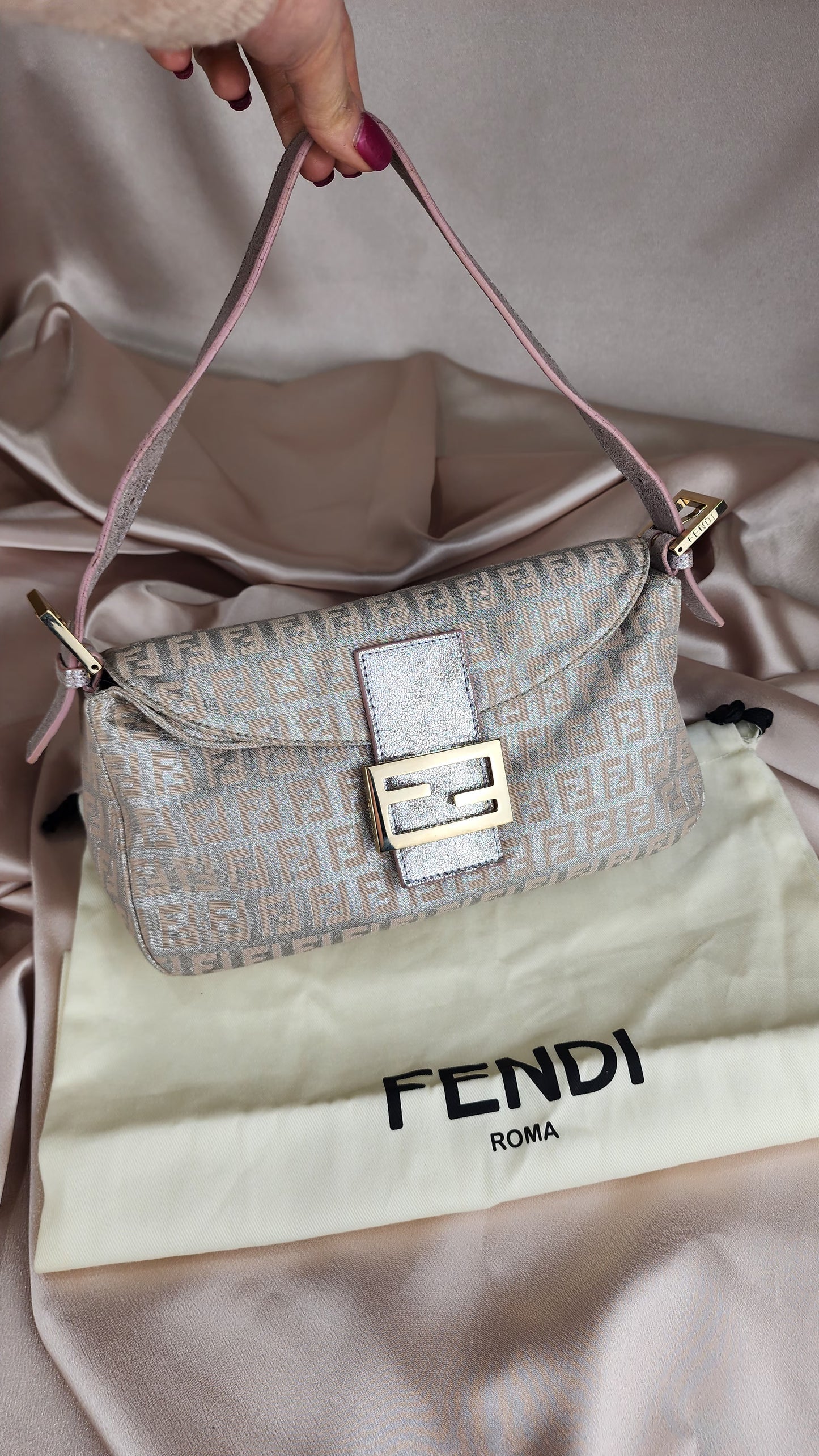 Fendi Zucchino Print Silver and Pink Baguette