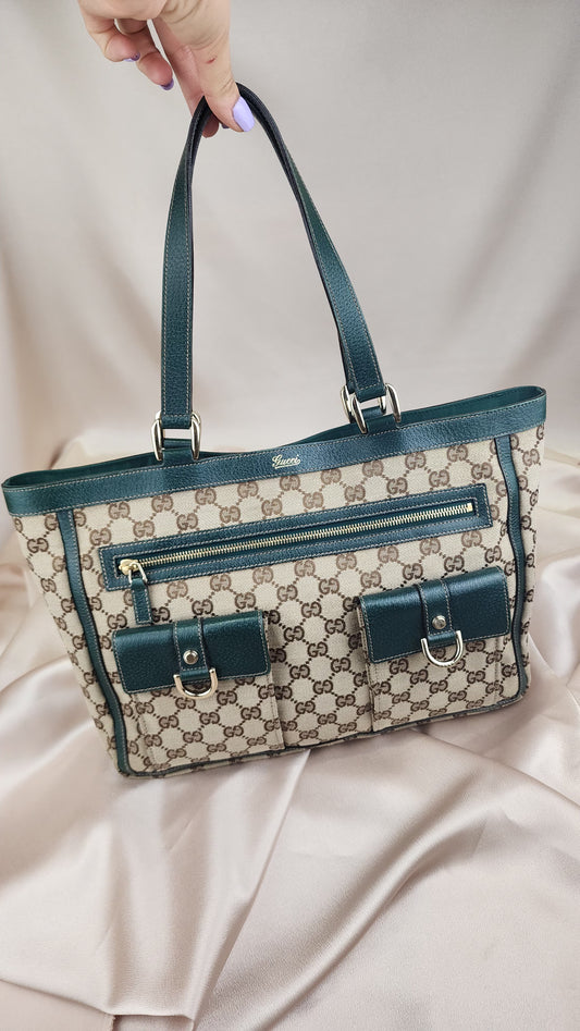 Gucci D Ring Tote with Green Leather Trim