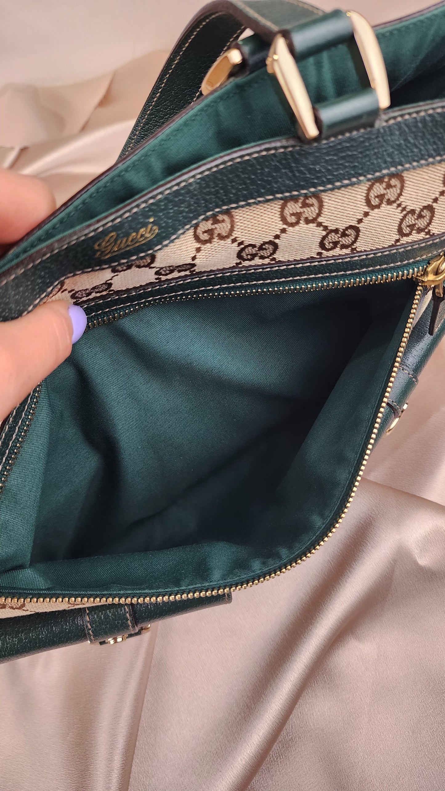 Gucci D Ring Tote with Green Leather Trim