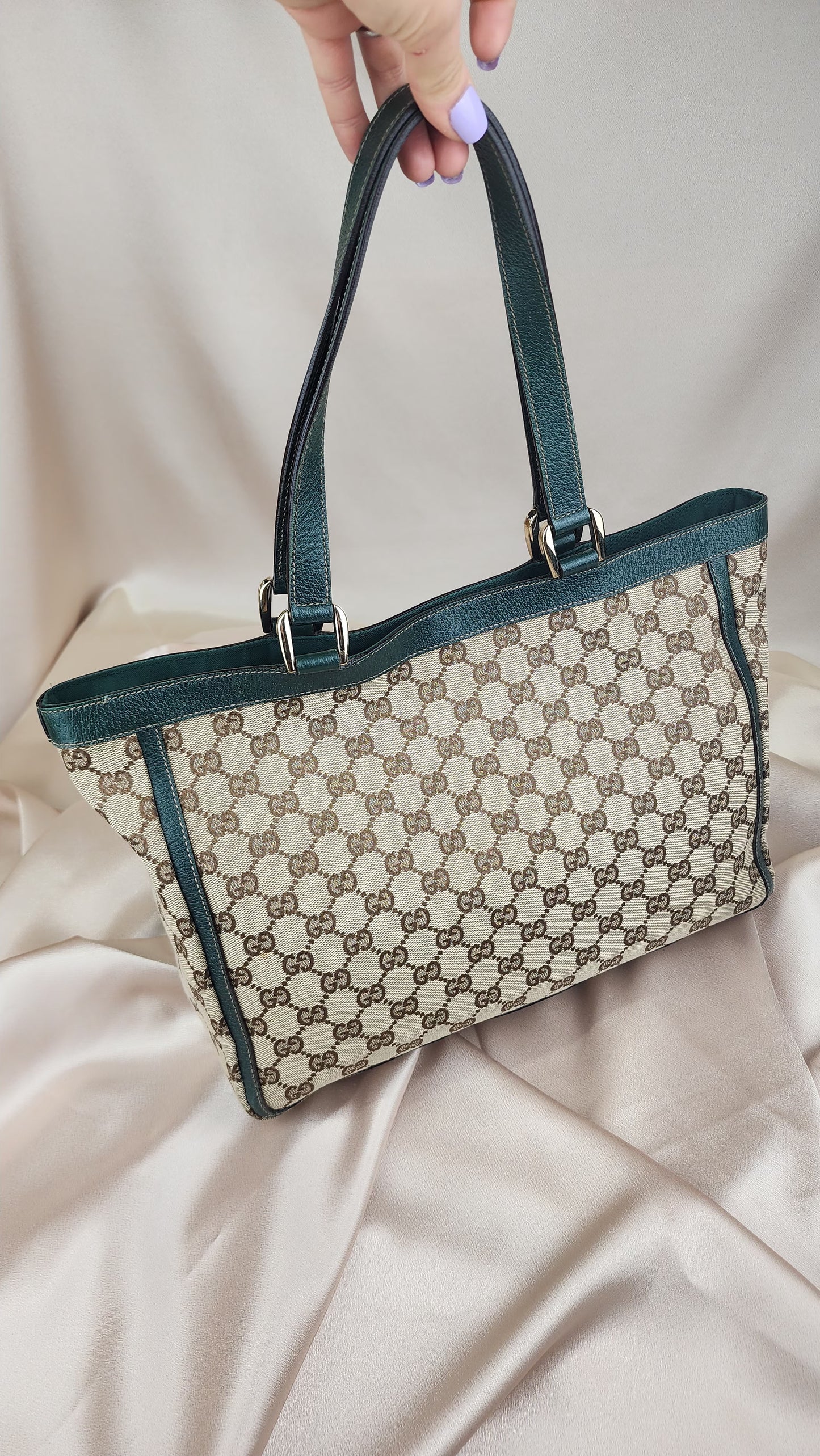 Gucci D Ring Tote with Green Leather Trim