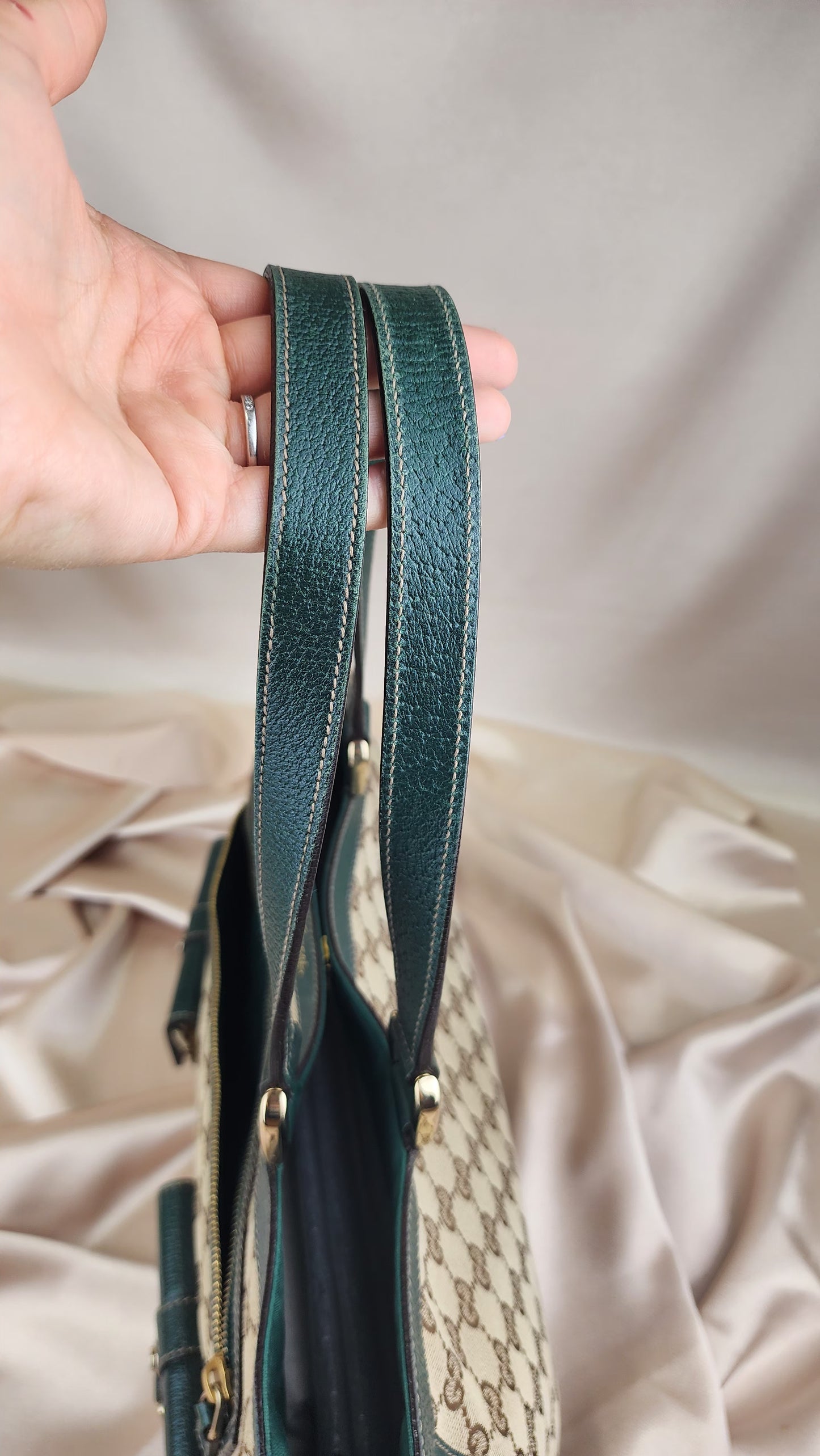 Gucci D Ring Tote with Green Leather Trim