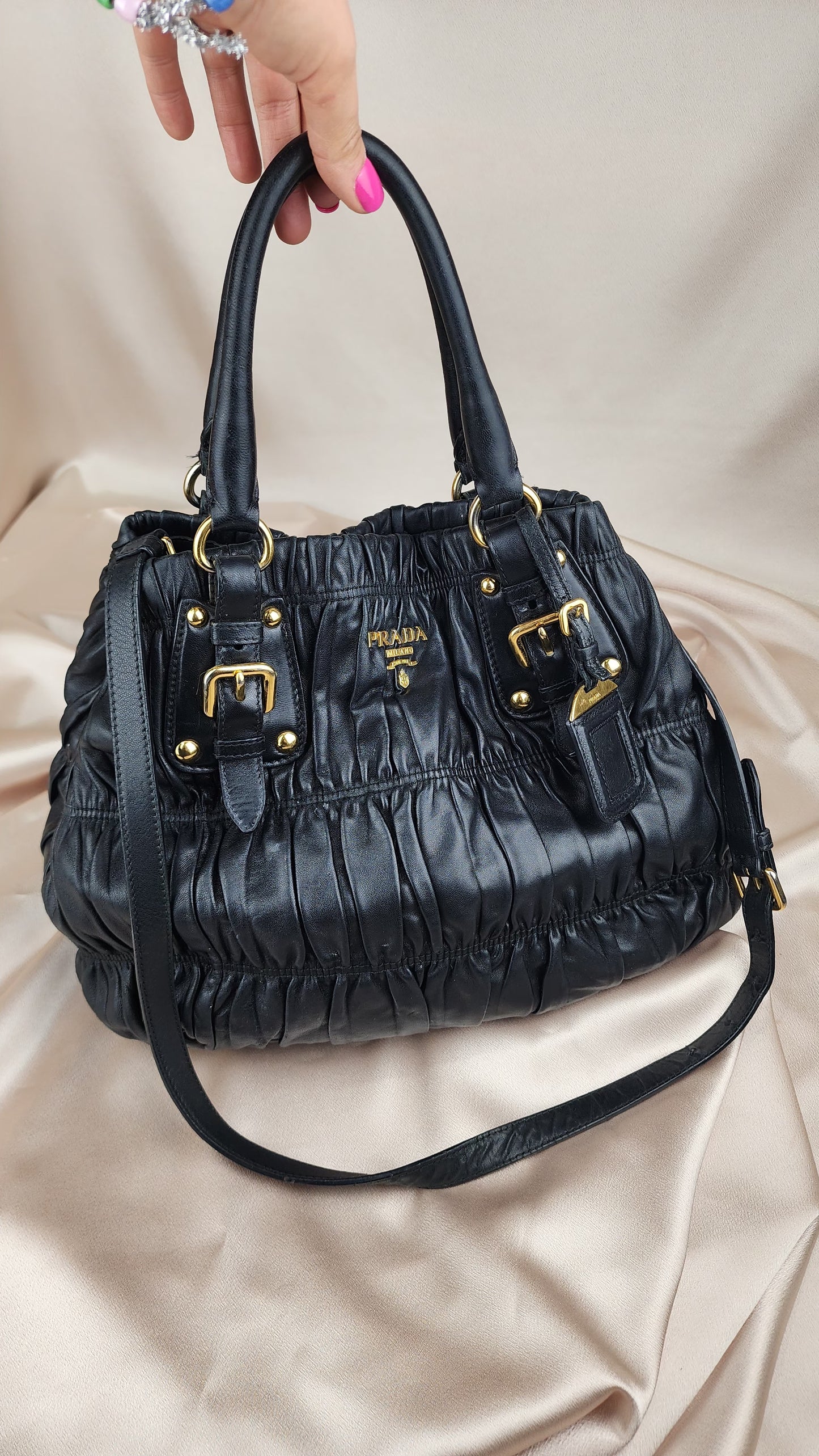 Prada Black Leather Handbag with Long Strap