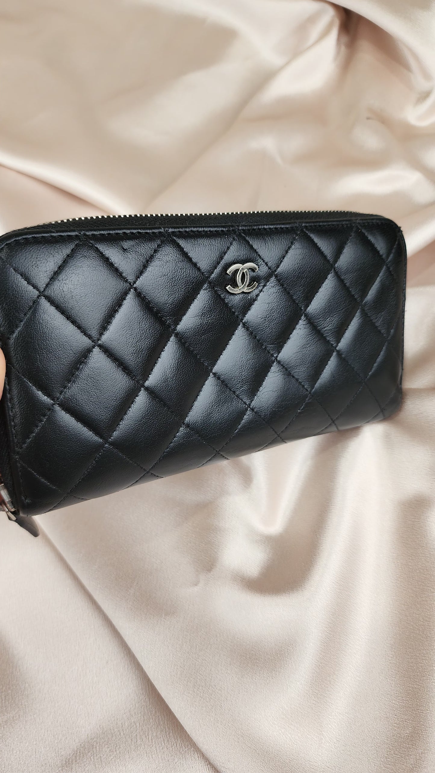 Chanel Long Lamb Skin Zippy Black Quilted Wallet - 593