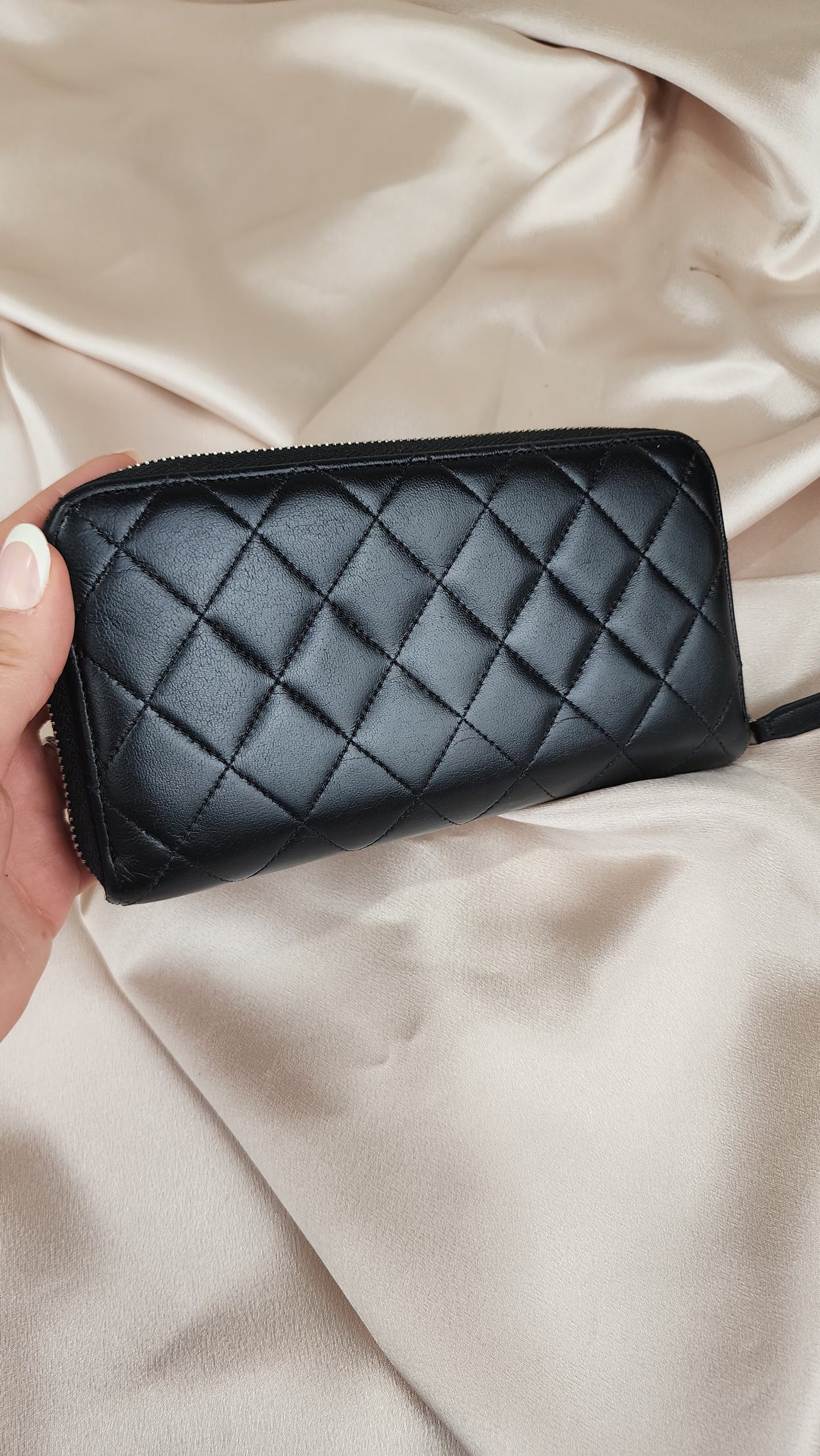 Chanel Long Lamb Skin Zippy Black Quilted Wallet - 593