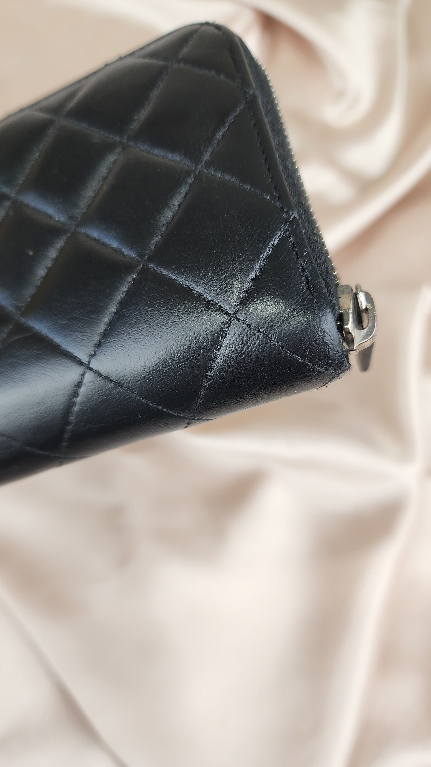 Chanel Long Lamb Skin Zippy Black Quilted Wallet - 593