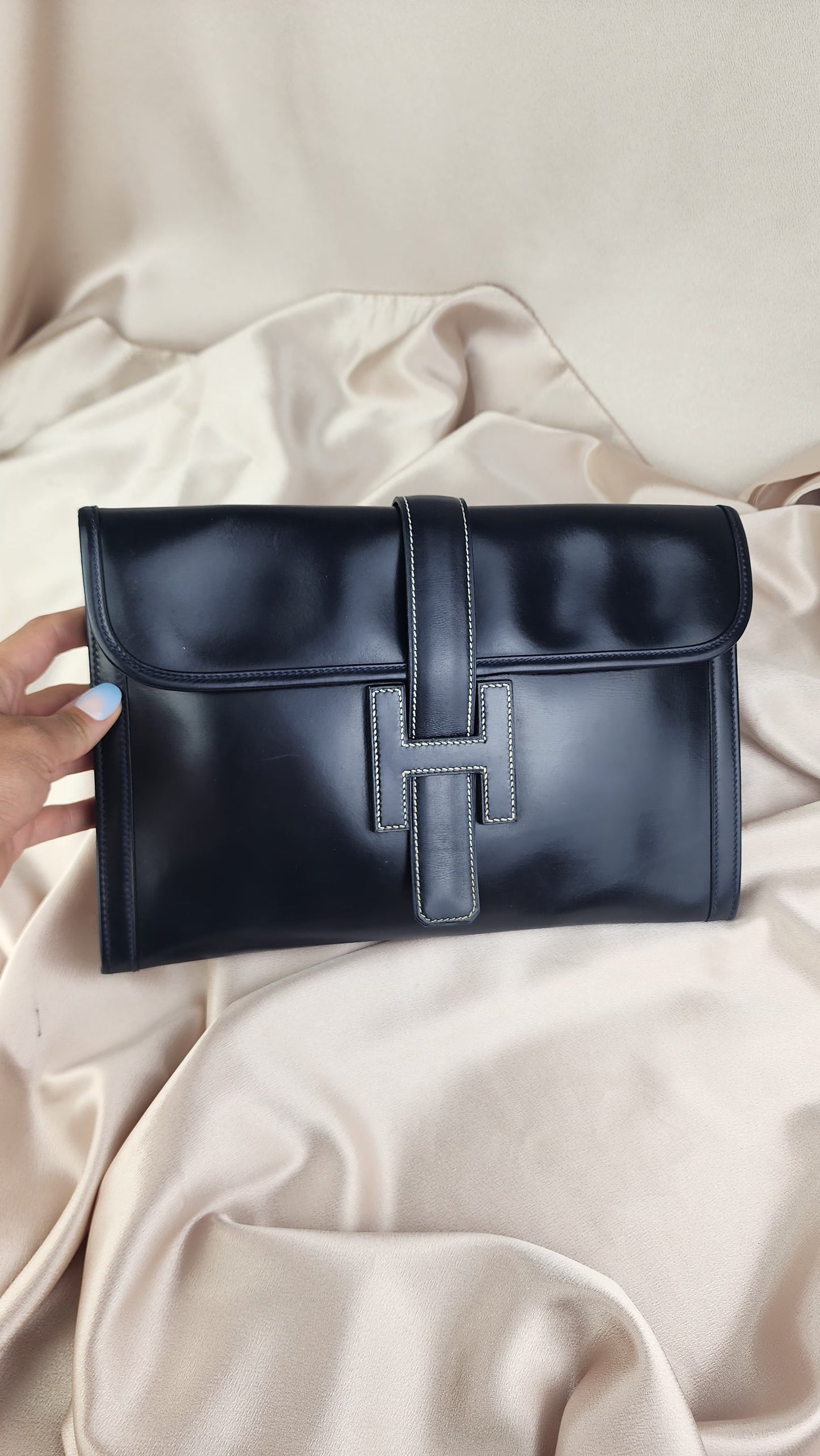 Hermes Jige PM Clutch Bag Navy Box Leather - 867