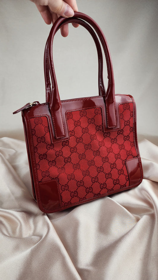 Gucci GG Canvas and Patent Leather Red Hand Bag  - 939