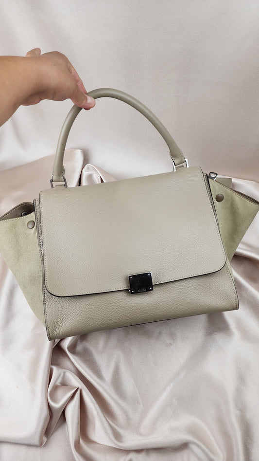 Celine Cream/Tan Leather and Suede Trapeze Hand Bag - 1157