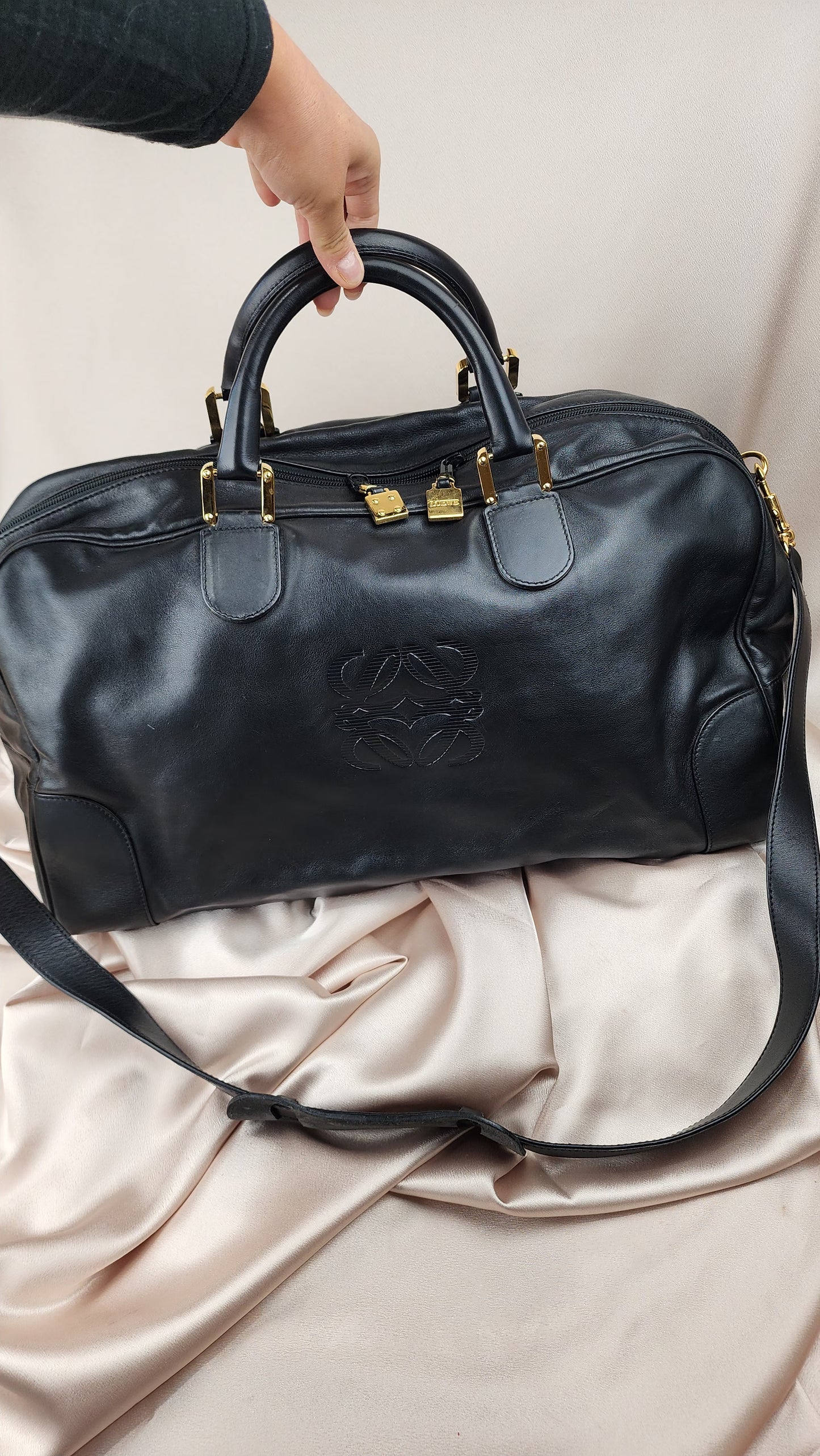 Loewe Anagram Black Leather Boston Bag - 1169