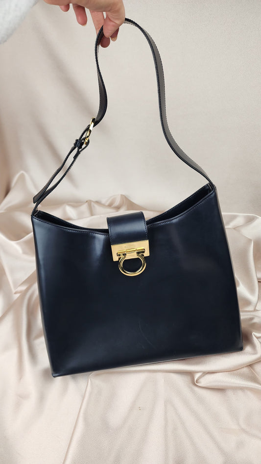 Salvatore Ferragamo Gancini Navy Blur Leather Shoulder Bag - 1361