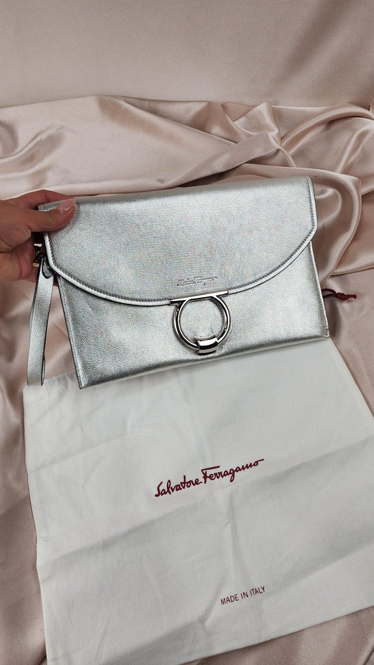 Salvatore Ferragamo Silver Metallic Gancini Wristlet Clutch - 1570