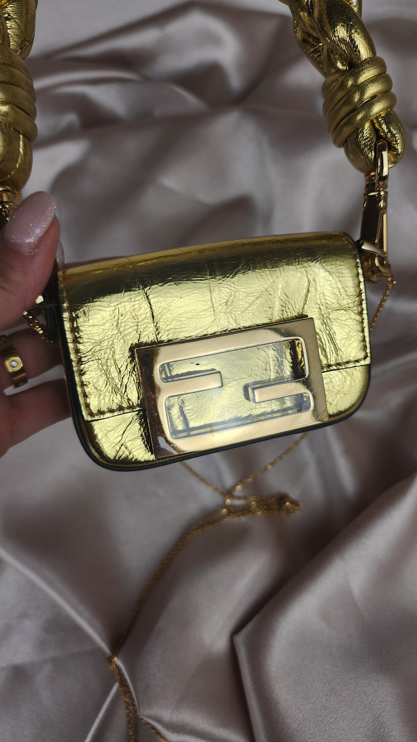 Fendi Nano Mamma Baguette Gold Leather 3 Way Bag - 1439