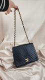 Chanel Chain V Stitch Navy Blue Lamb Skin Leather Shoulder Bag - 1767