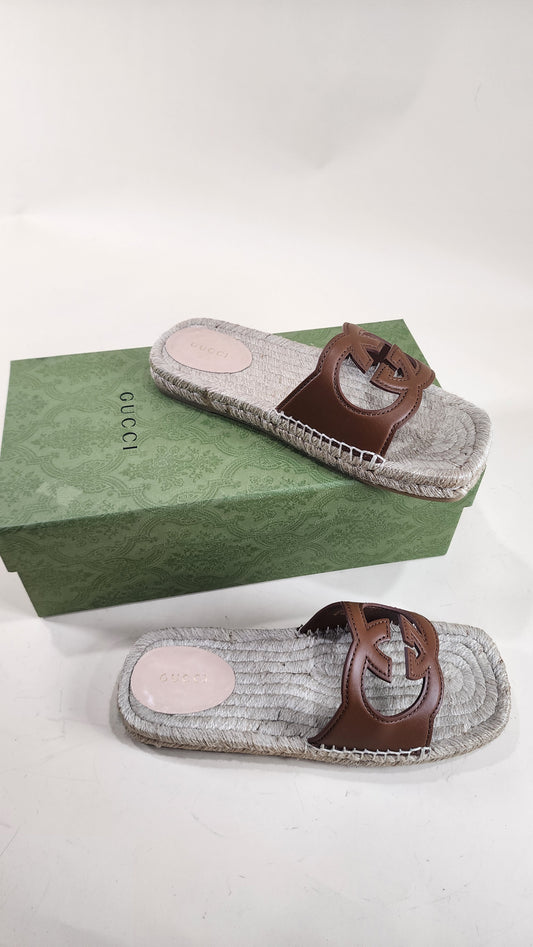Gucci Brown Leather GG Espadrille Sandals, Size 37 - 1660