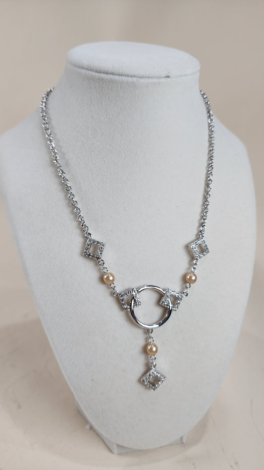 Nina Ricci Silver Tone Geometric Rhinestone & Pearl Necklace - G0954