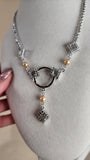 Nina Ricci Silver Tone Geometric Rhinestone & Pearl Necklace - G0954