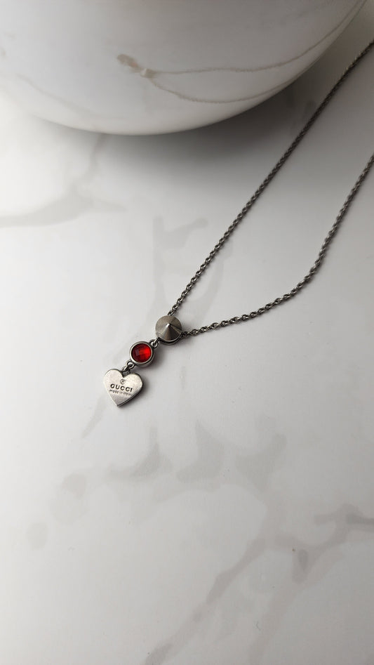 Gucci Sterling Silver Necklace with Ruby Color Stone & Heart Pendant - 2699
