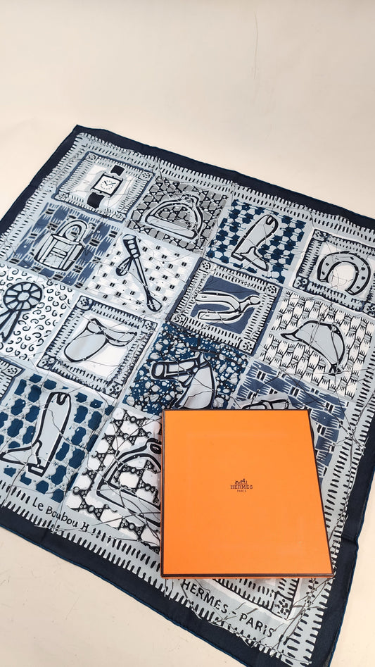 Hermes Carre 65 "Le Bou Bou" Light Blue Cotton Scarf - 3109