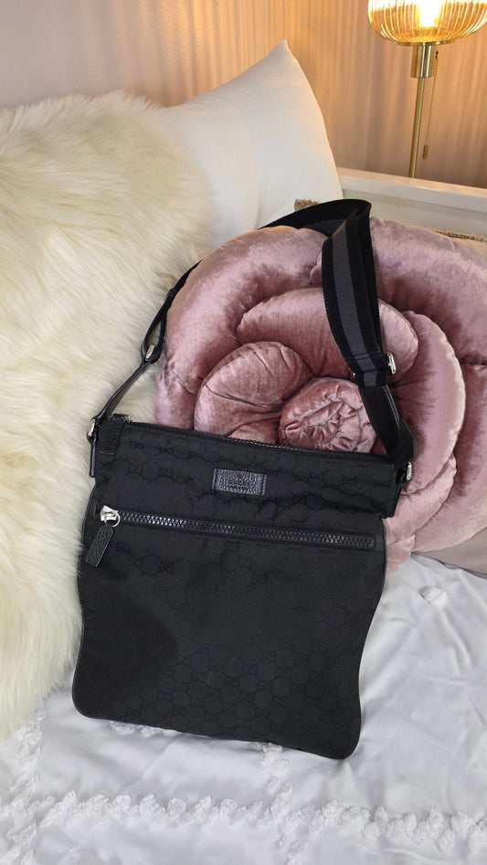 Gucci GG Guccissima Web Black Canvas Messenger Bag - G0255