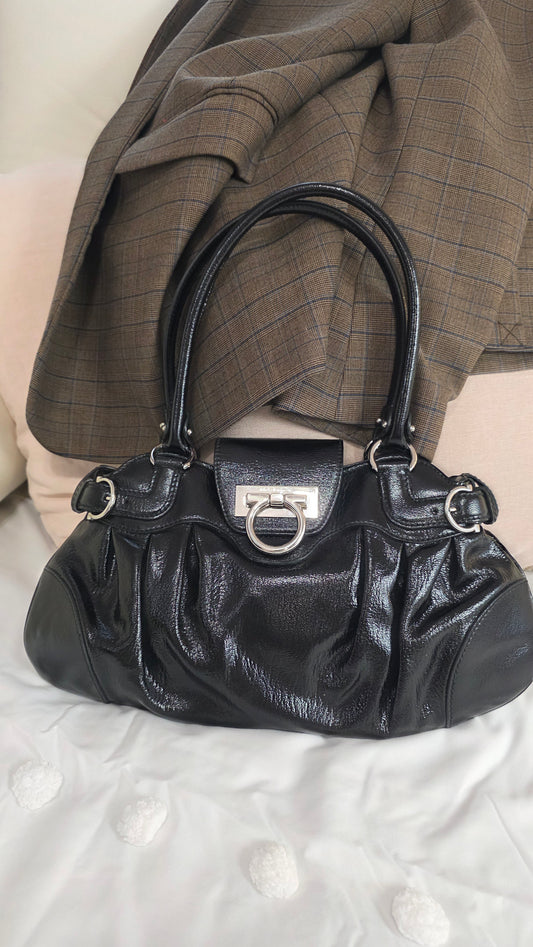 Salvatore Ferragamo Black Patent Leather Shoulder Bag - G0127
